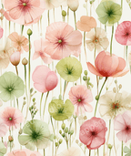Watercolor floral pattern with pink, peach, and green botanical motifs on a light background.