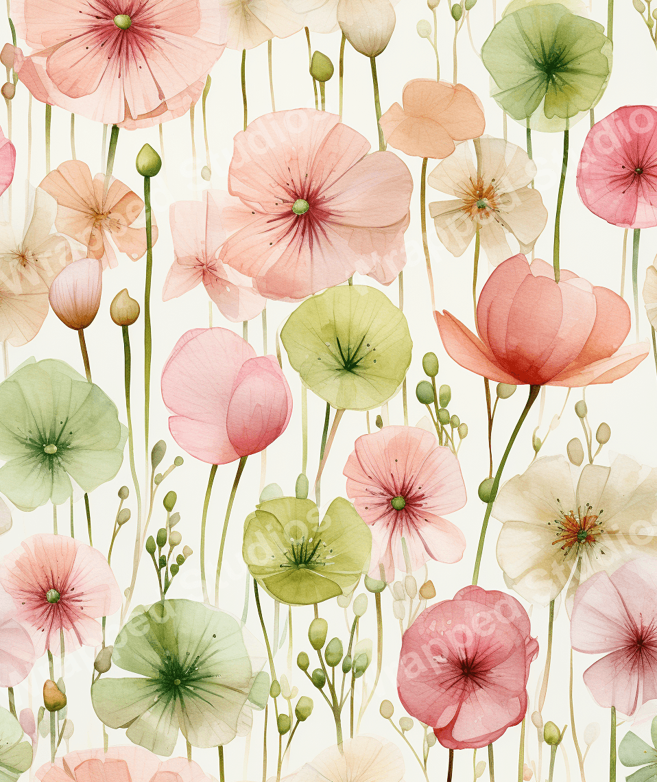 Watercolor floral pattern with pink, peach, and green botanical motifs on a light background.