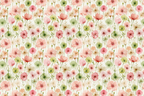 Watercolor floral pattern with pink, peach, cream, and green poppy-like flowers and buds on a white background.