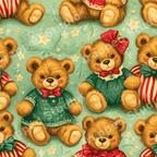 Vintage Christmas teddy bear pattern featuring cute dressed-up bears on a mint green background with stars.