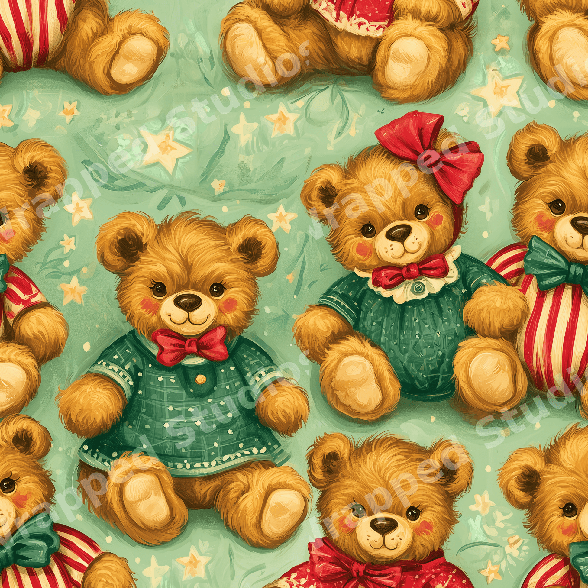 Vintage Christmas teddy bear pattern featuring cute dressed-up bears on a mint green background with stars.