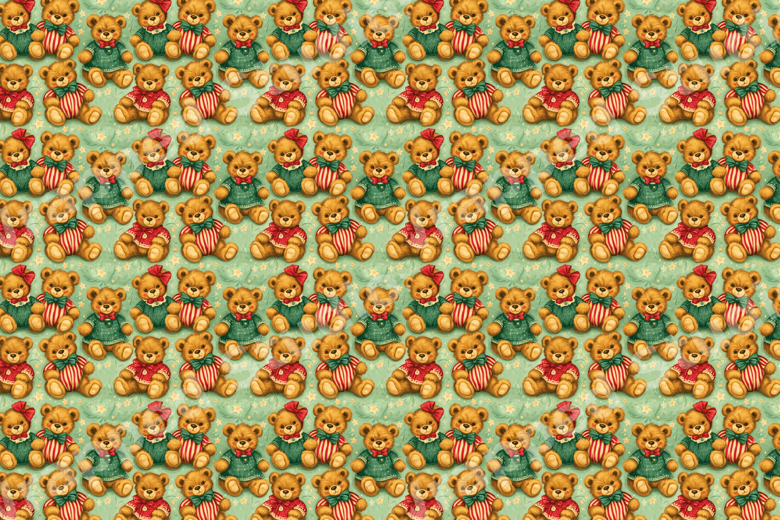 Vintage Christmas teddy bear seamless pattern featuring cute toy bears in red and green holiday outfits.