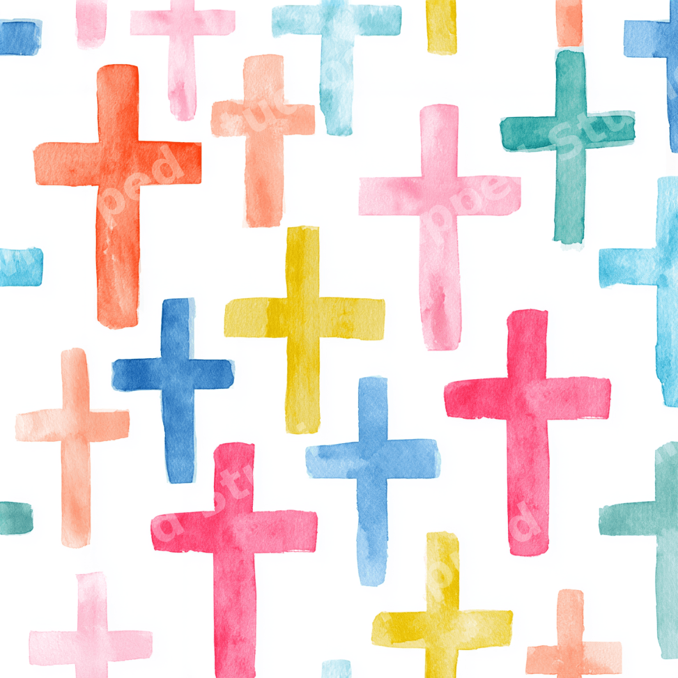 Colorful watercolor cross pattern featuring hand-painted pastel crosses on a white background.