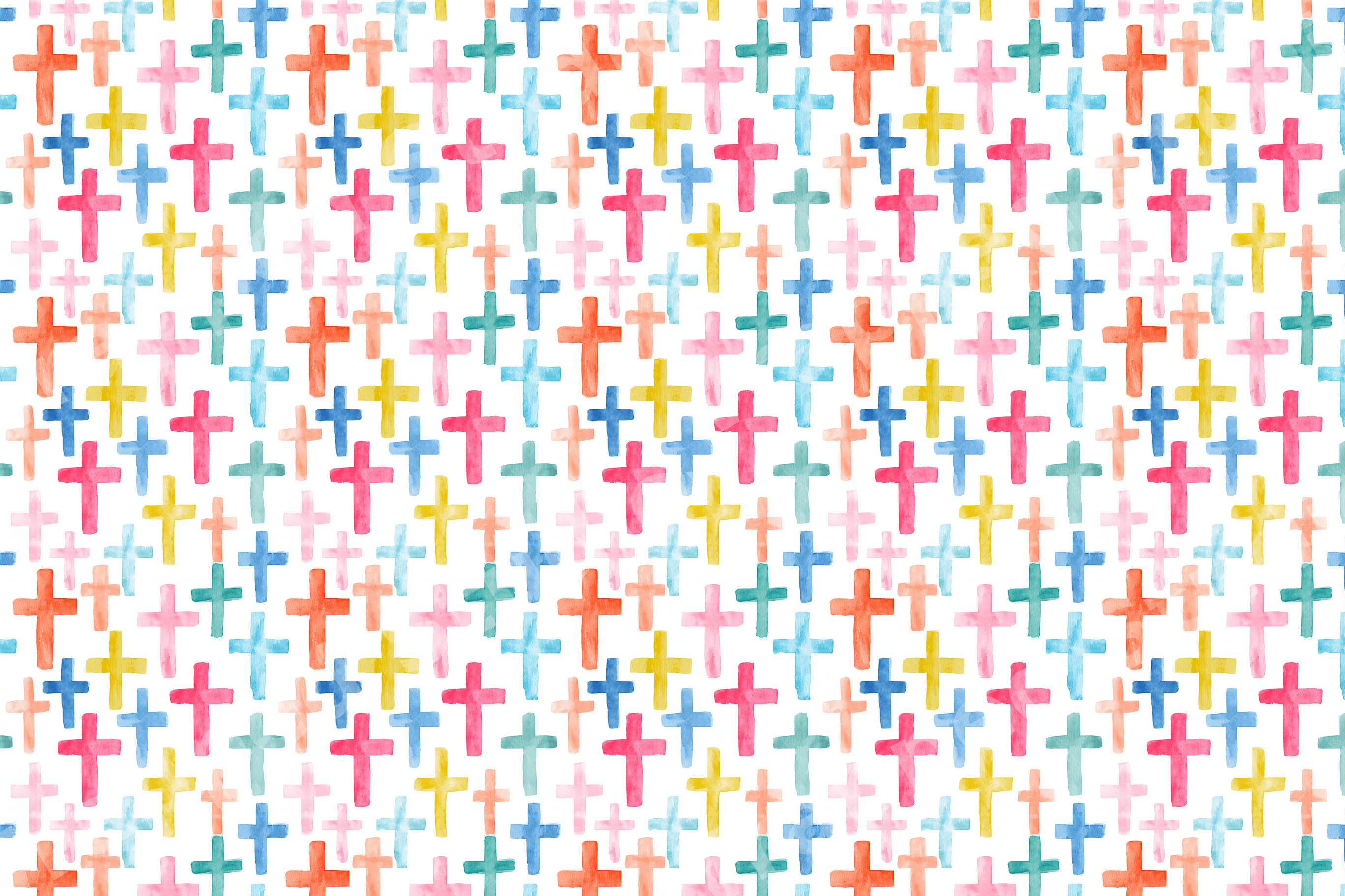 Colorful watercolor cross pattern featuring vibrant hand-painted Christian crosses on a white background.