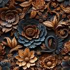 Elegant carved wood floral pattern with warm brown, gold, and blue-gray flowers and leaves.