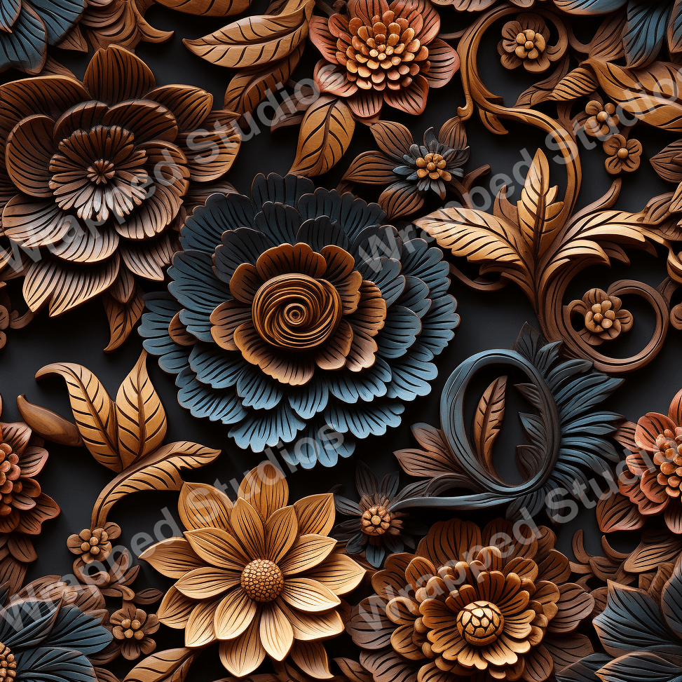 Elegant carved wood floral pattern with warm brown, gold, and blue-gray flowers and leaves.