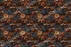 Vintage carved floral pattern in rich brown, teal, and gold tones on a dark background.