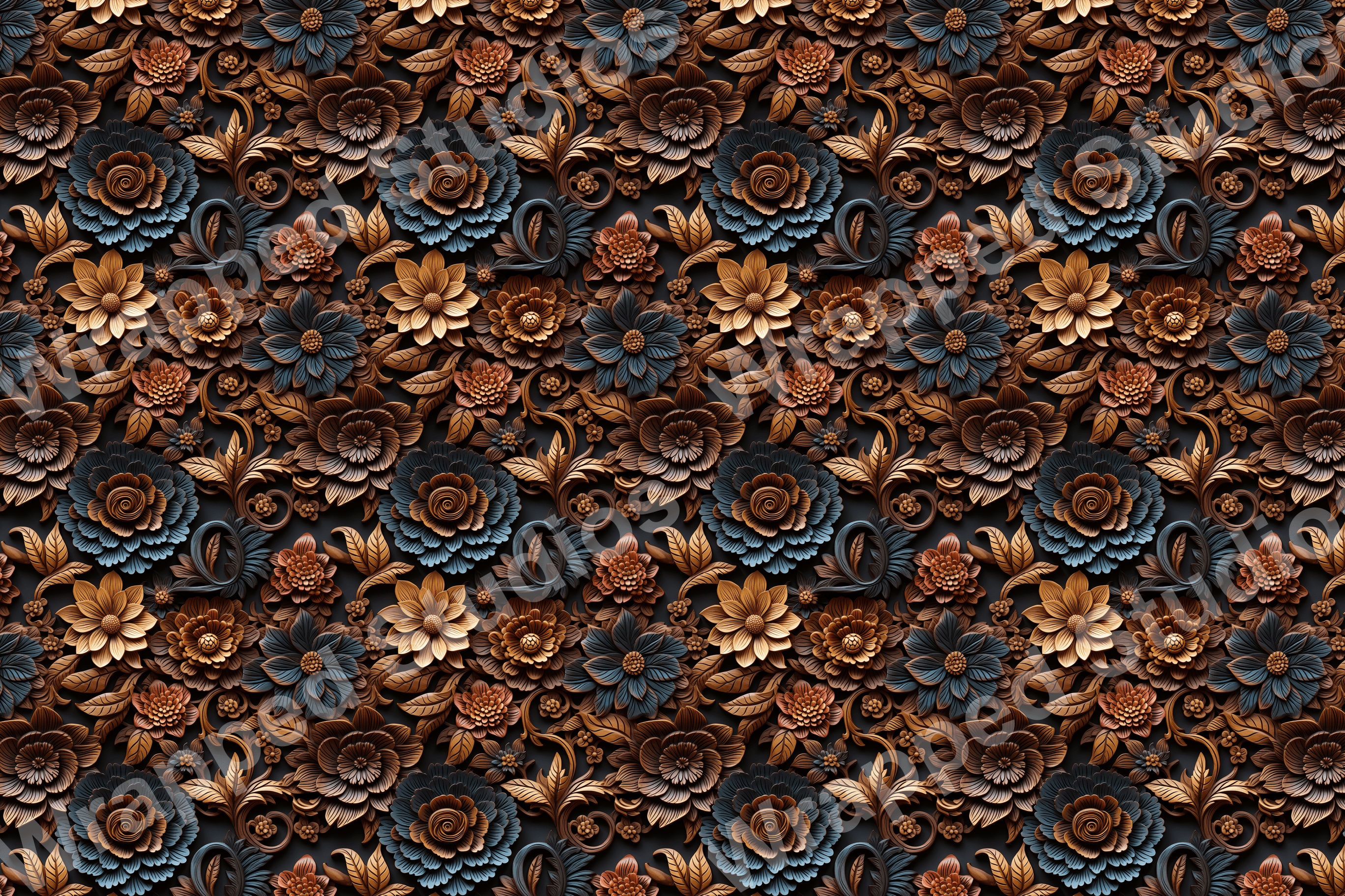 Vintage carved floral pattern in rich brown, teal, and gold tones on a dark background.