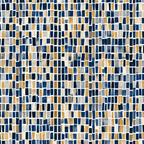 Modern geometric pattern featuring vertical rectangular mosaic tiles in navy blue, gold, and beige tones.