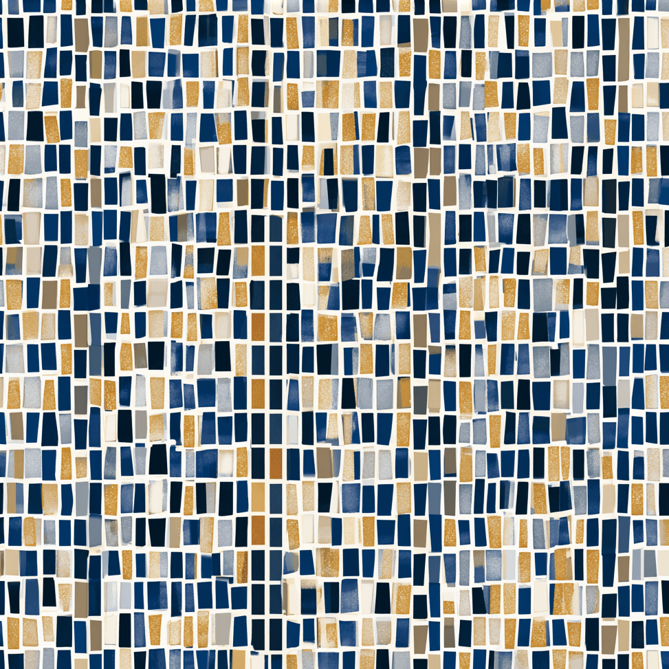 Modern geometric pattern featuring vertical rectangular mosaic tiles in navy blue, gold, and beige tones.