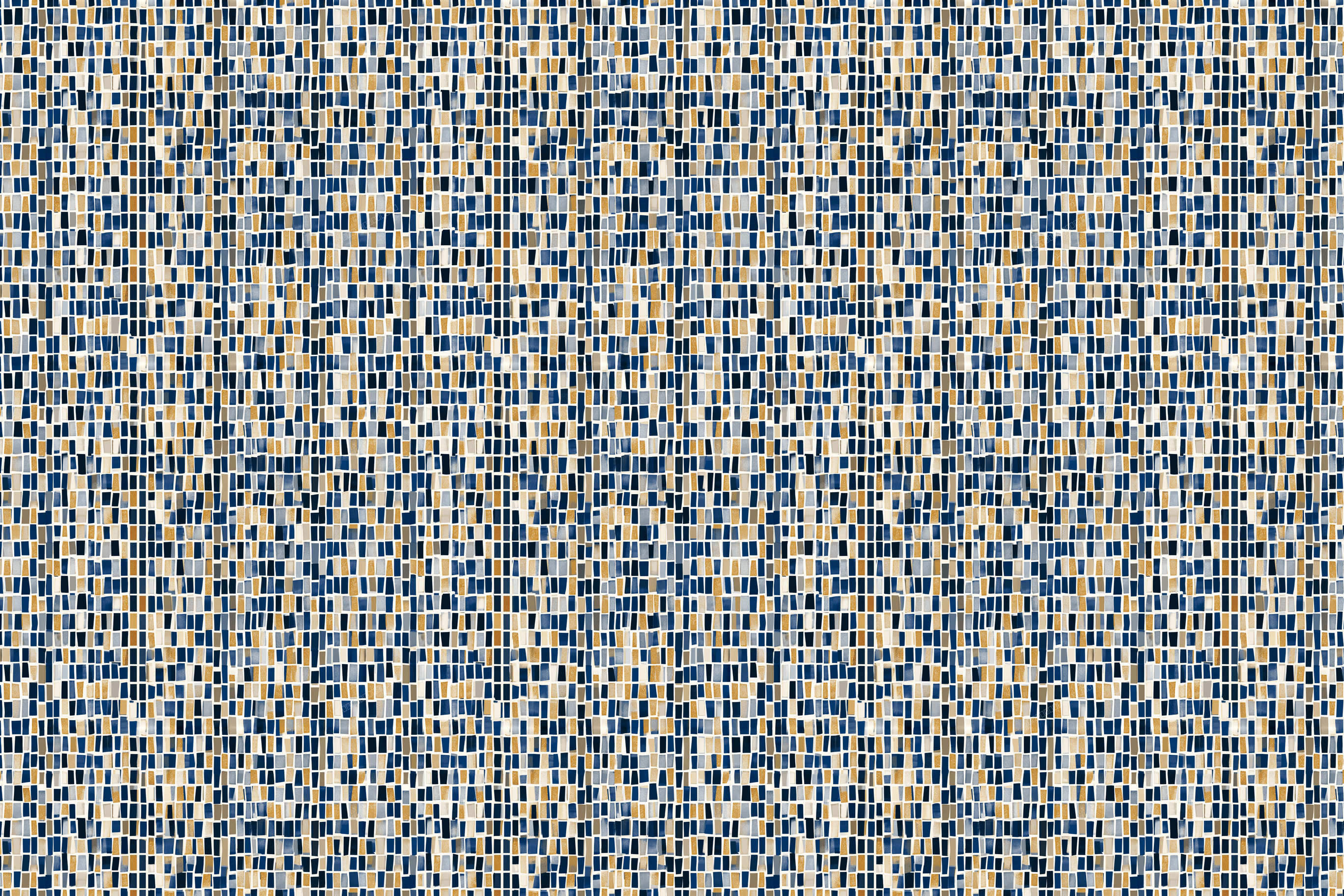 Modern geometric pattern with a mosaic of blue, gold, and grey rectangular blocks in a seamless grid design.