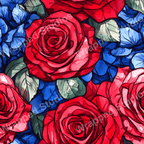 Vibrant floral pattern with red roses and blue hydrangea in a watercolor style.