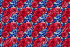 Elegant floral pattern of red roses with blue hydrangea flowers.