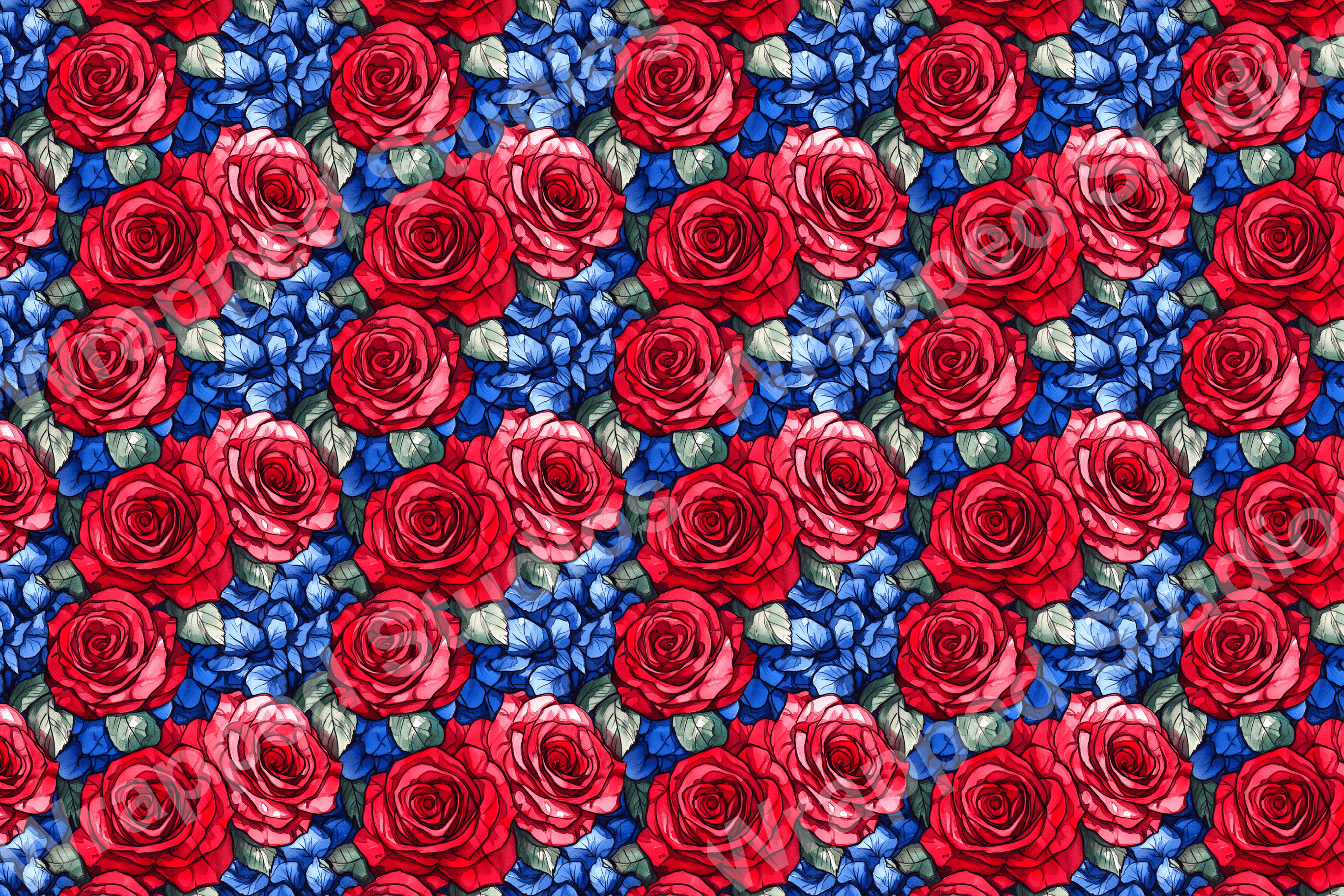Elegant floral pattern of red roses with blue hydrangea flowers.