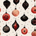 Seamless vintage Christmas ornament pattern in black, red, and peach with scattered dots.