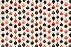 Elegant Christmas ornament pattern with red, black, and rose gold baubles on a cream background.