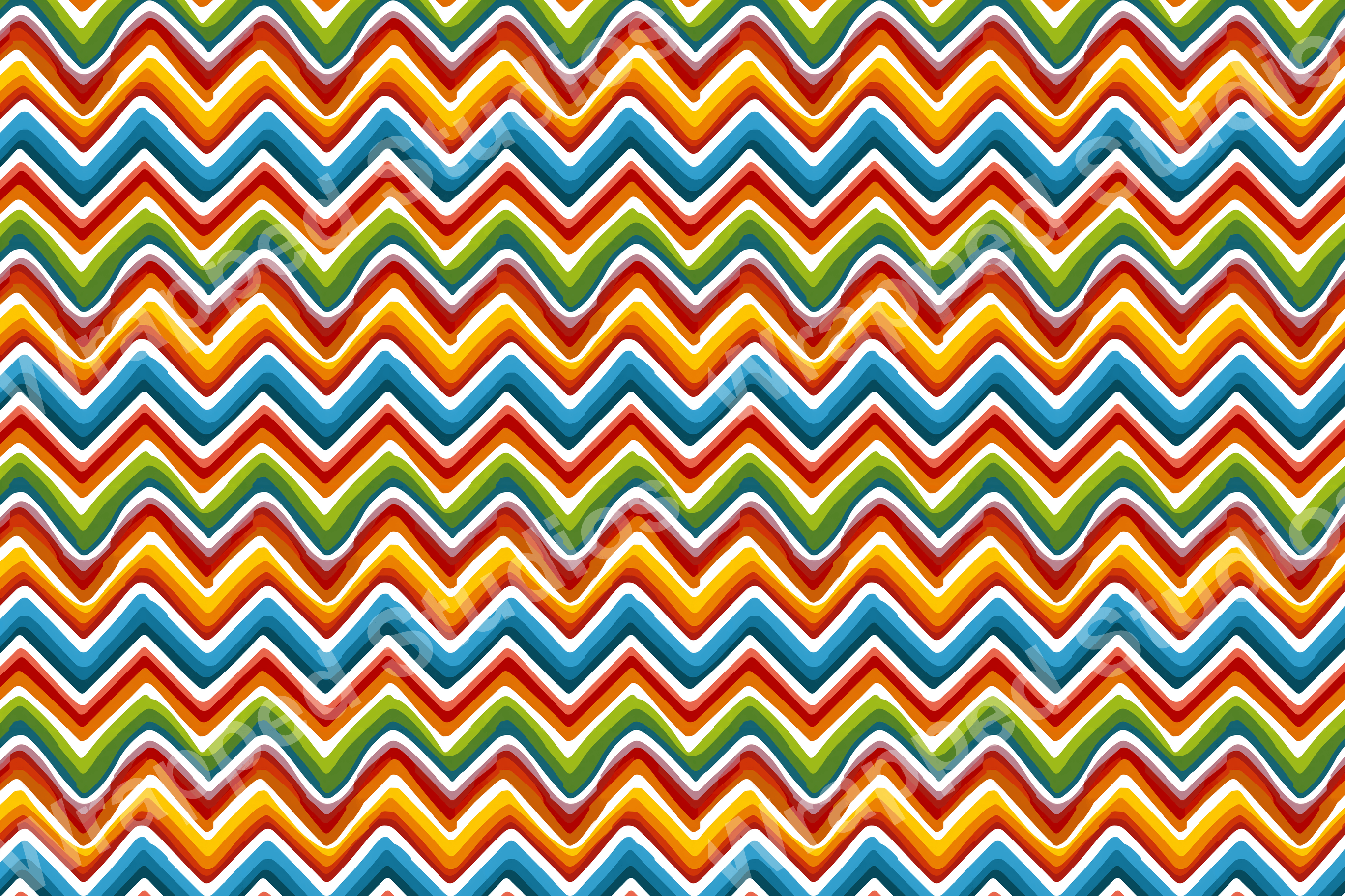 Colorful chevron pattern with red, yellow, green, and blue waves against a white background.