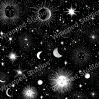 Celestial pattern with sun, moon, and star motifs in a modern, elegant black and white design.