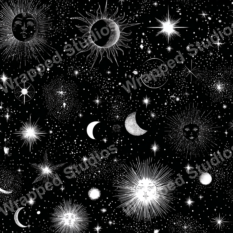 Celestial pattern with sun, moon, and star motifs in a modern, elegant black and white design.