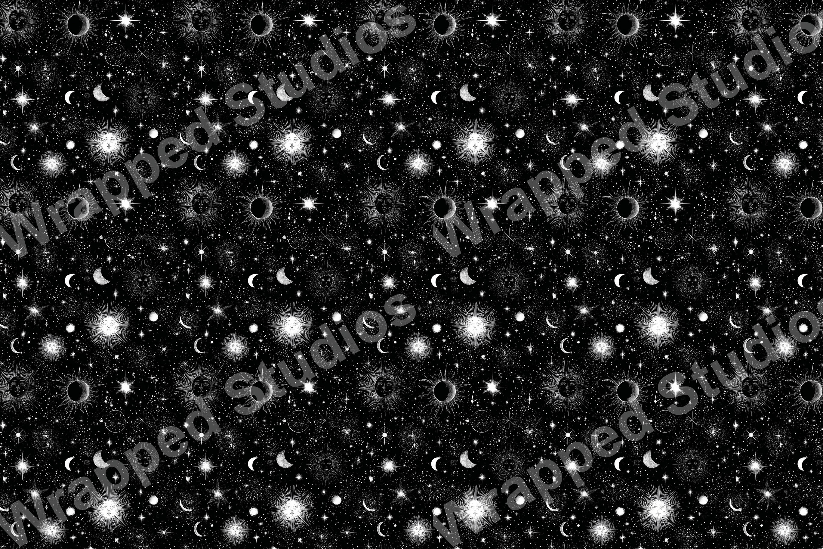 Celestial pattern with vintage sun, moon, and stars on a black background.