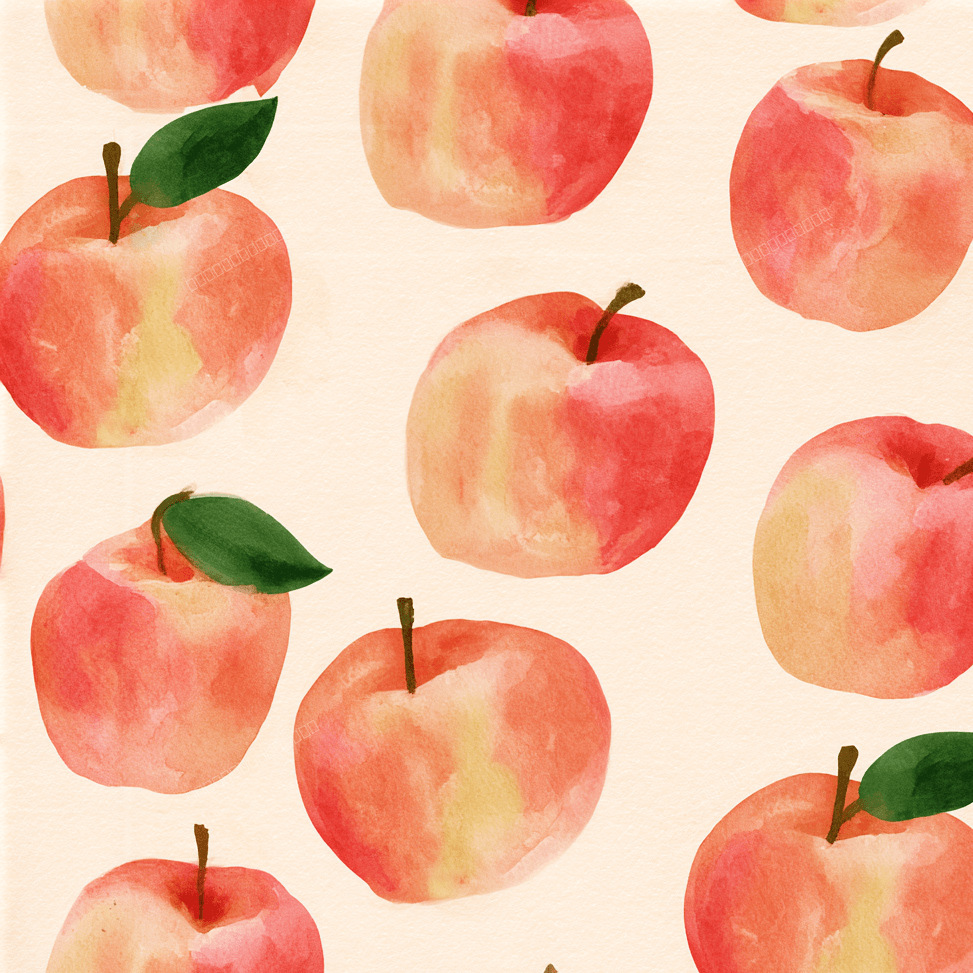 Seamless watercolor apple pattern featuring soft red and peach fruits with green leaves on a cream background.
