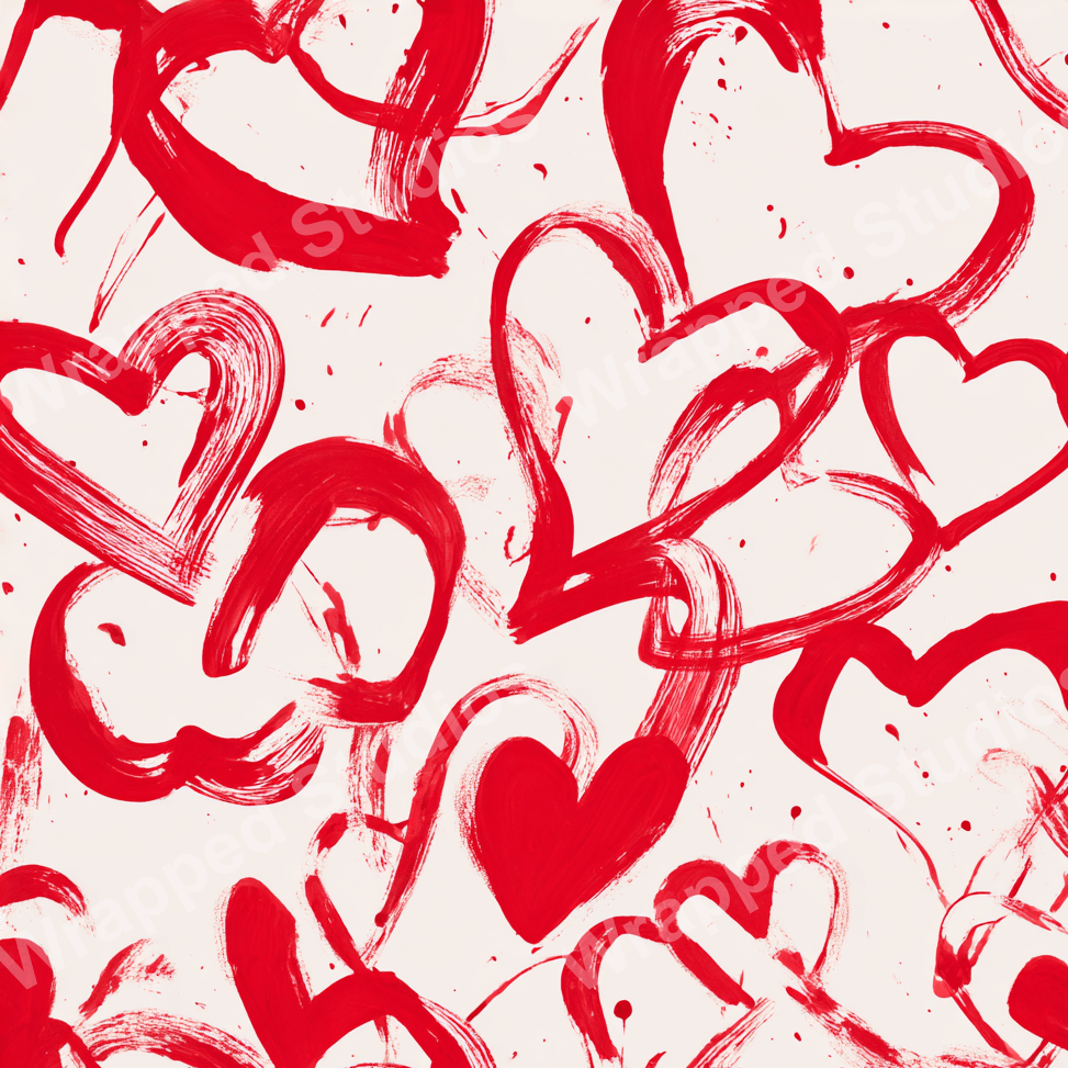 Playful brushstroke heart pattern in bold red on a cream background, ideal for a cheerful and romantic design.