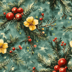 Vintage botanical Christmas pattern with pine branches, red berries, and yellow flowers on a teal background.