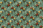 Vintage botanical pattern featuring pine branches, red berries, and yellow winter flowers on sage green.