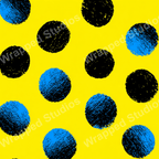 Playful polka dot pattern in yellow, black and blue with a textured, hand-drawn feel.