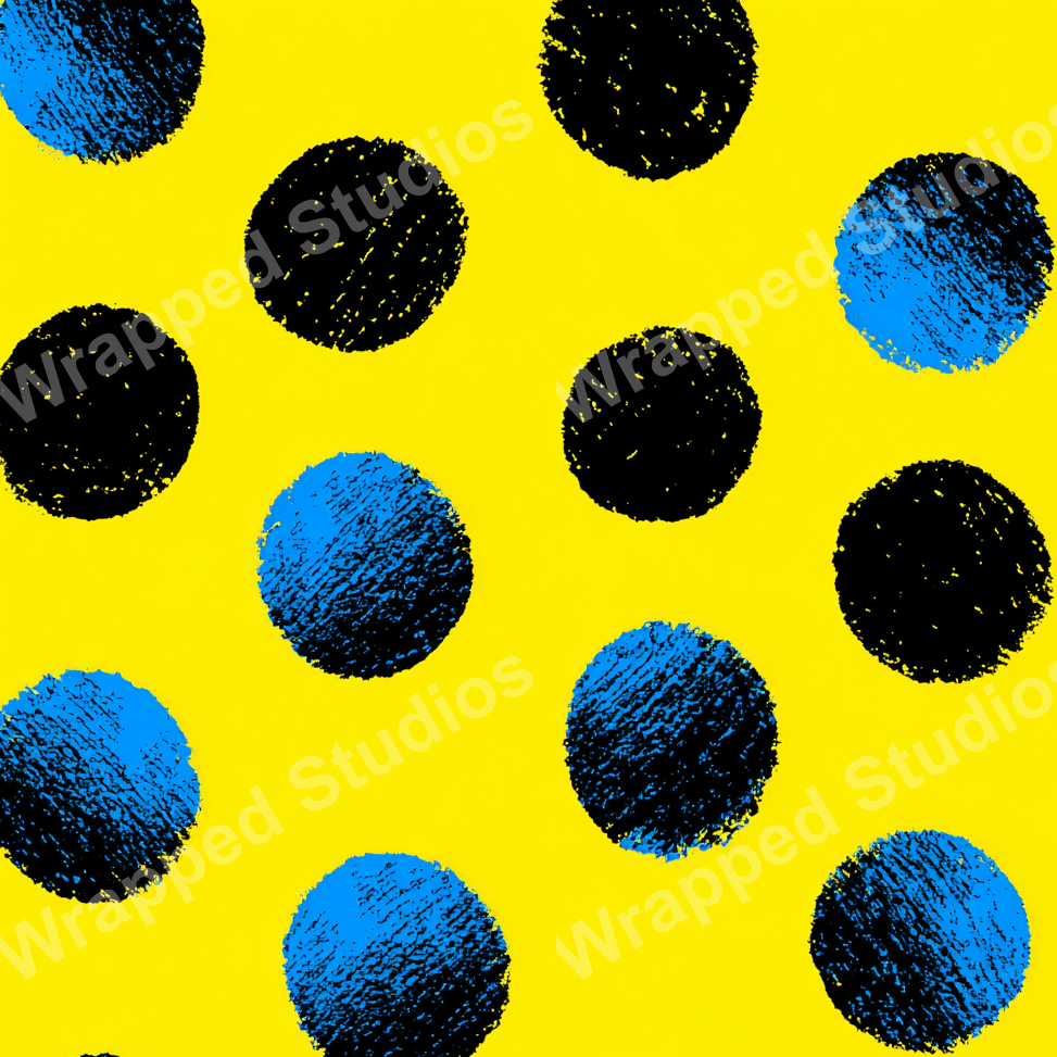 Playful polka dot pattern in yellow, black and blue with a textured, hand-drawn feel.
