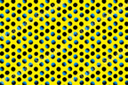 Bright yellow background with an alternating black and blue textured polka dot pattern.