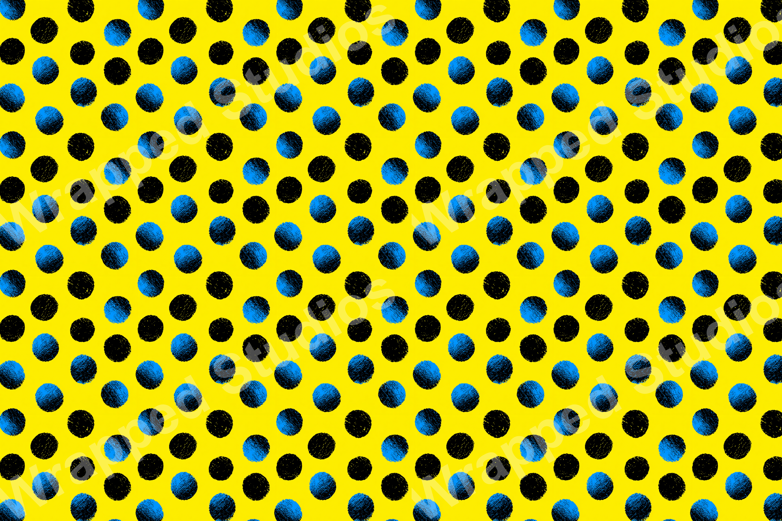 Bright yellow background with an alternating black and blue textured polka dot pattern.