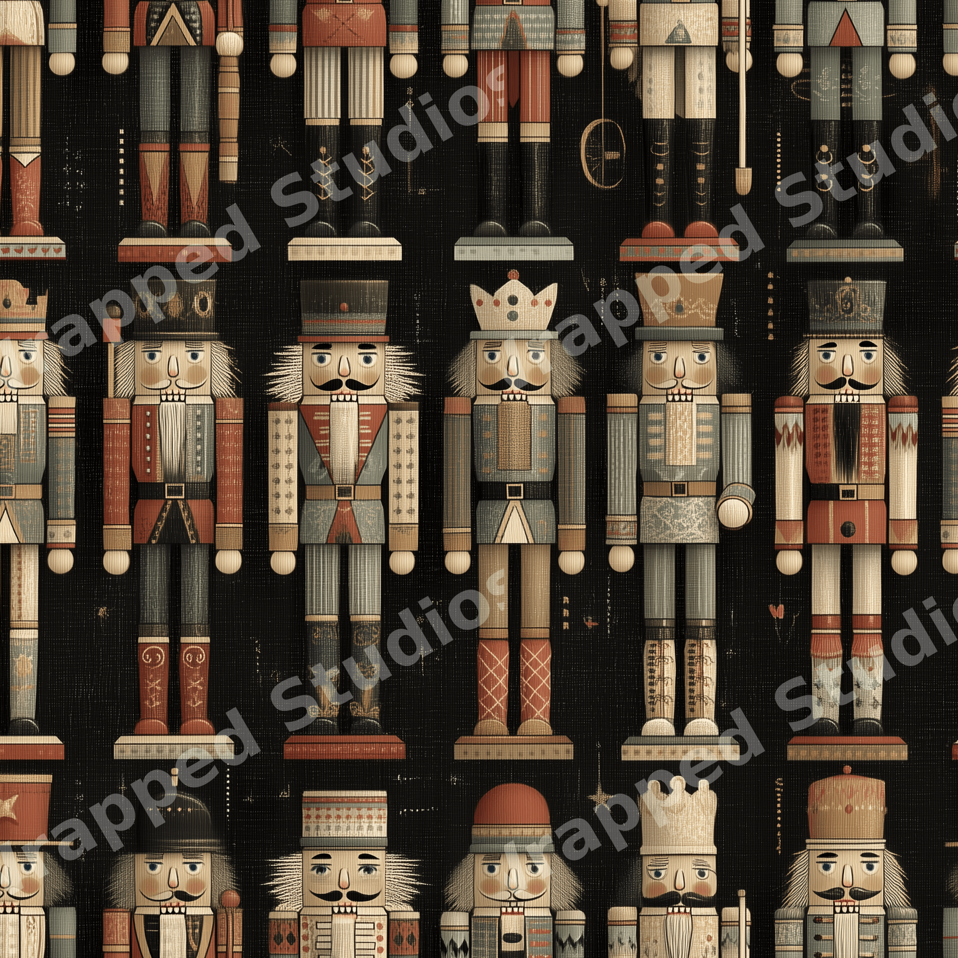 Vintage nutcracker Christmas pattern featuring rustic toy soldiers in red and green on a dark background.
