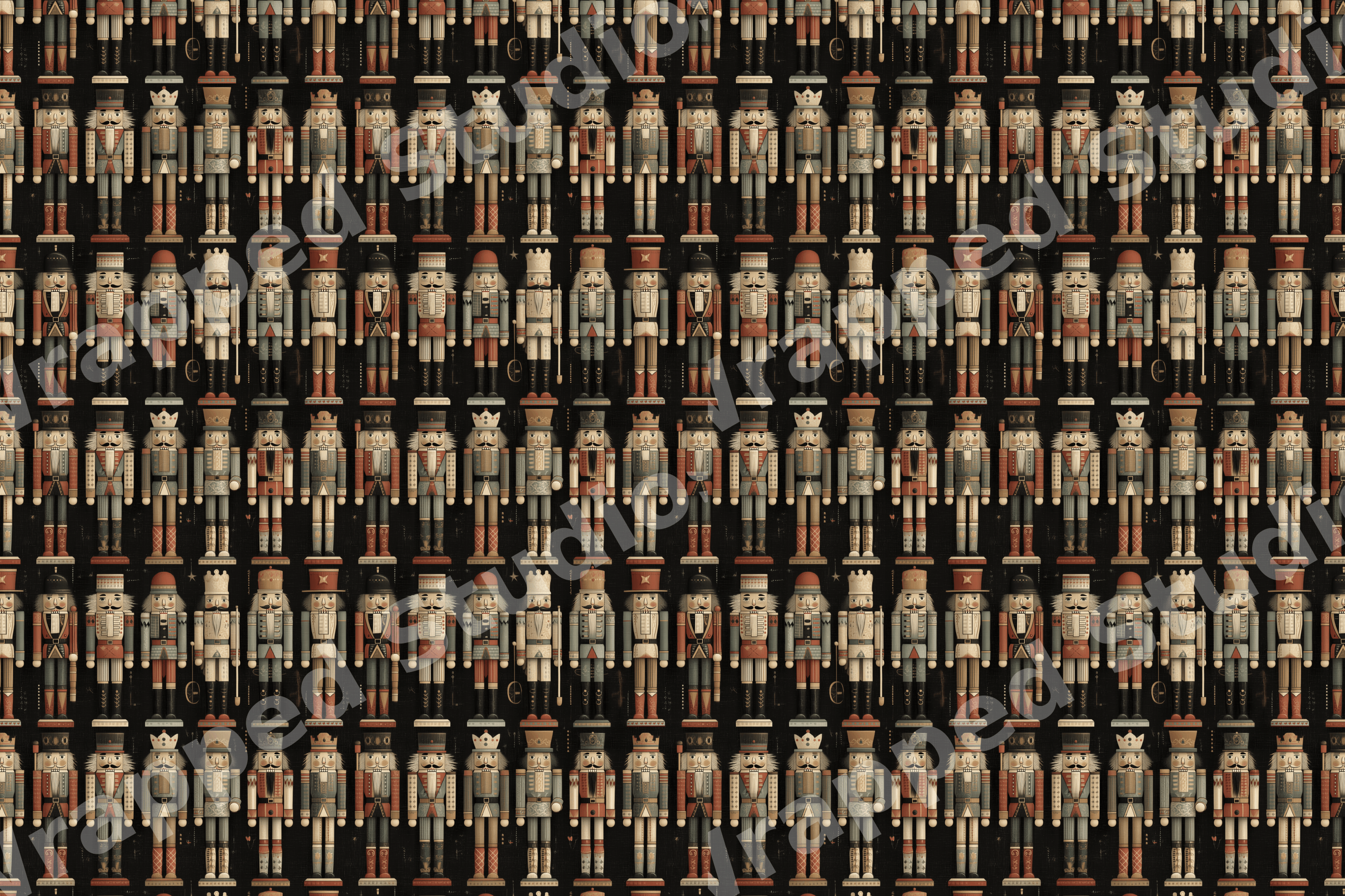 Classic Christmas nutcracker pattern with repeating vintage toy soldiers in muted red, green, and cream on black.