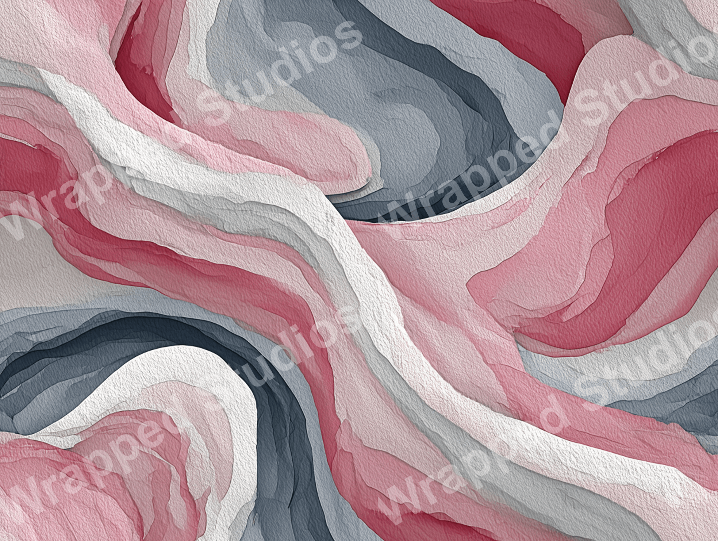 Modern abstract pattern with flowing watercolor lines in pink, white, and gray tones.