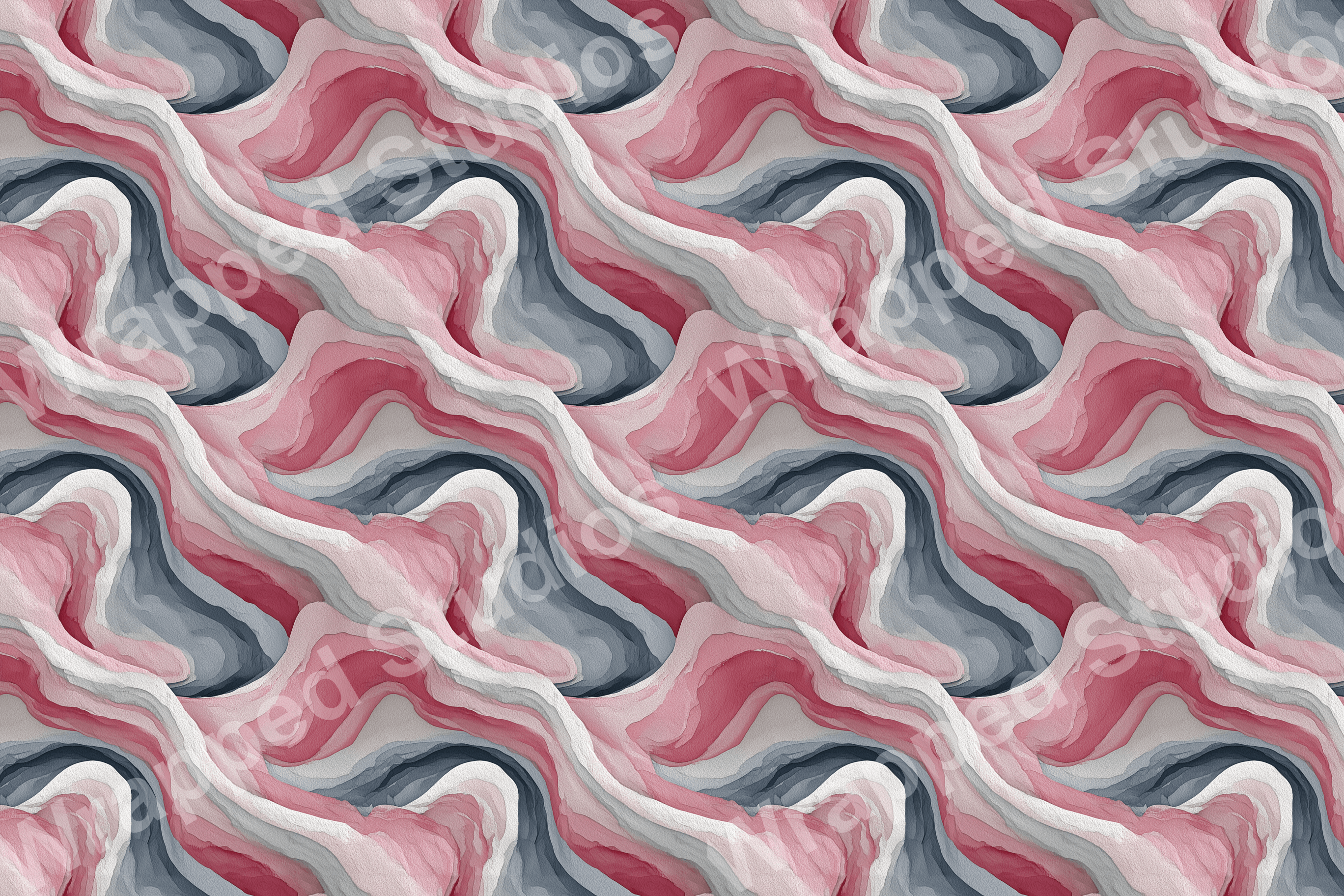Seamless abstract pattern with flowing, layered shapes in shades of pink, gray, and white.