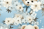 Floral pattern with teddy bears, light blue background and white dahlia-like blossoms.
