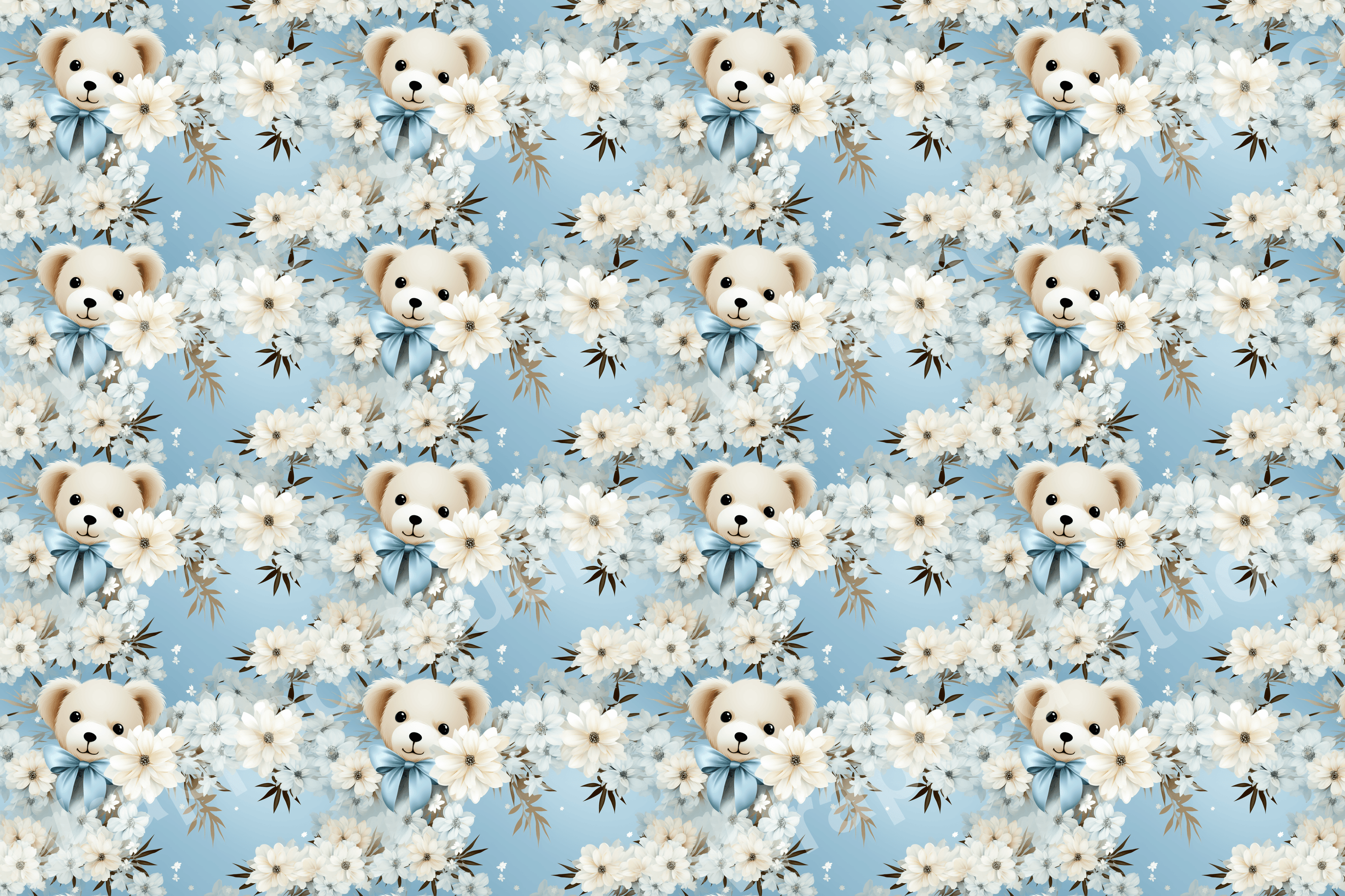 Cute teddy bears with blue bows and white floral pattern on a light blue background.