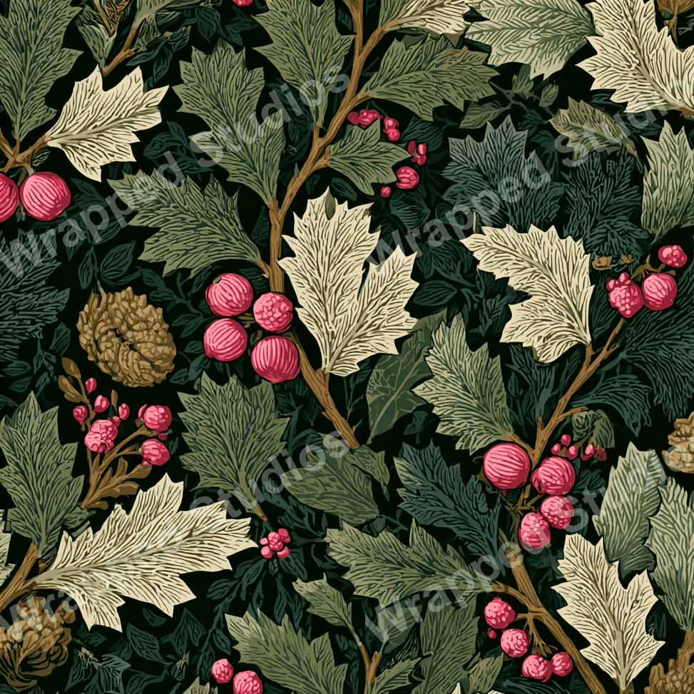 Elegant vintage botanical design with oak leaves and berries on a dark backdrop.