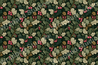 Dark botanical pattern with holly leaves, pinecones, and red berries.