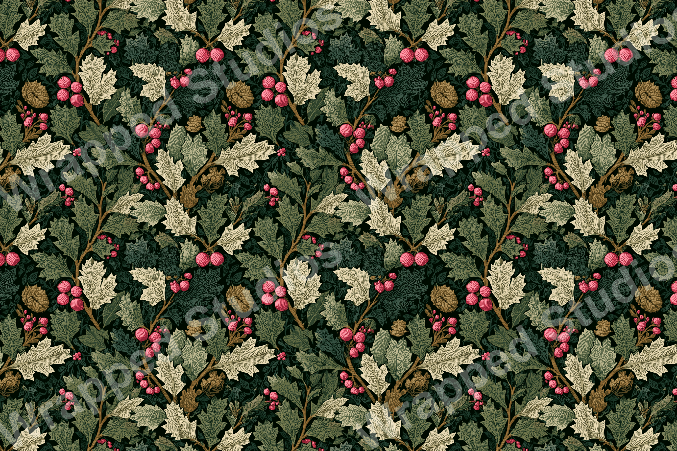 Dark botanical pattern with holly leaves, pinecones, and red berries.