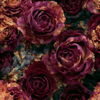 Moody dark floral pattern with vintage burgundy roses and elegant gold foil textures.