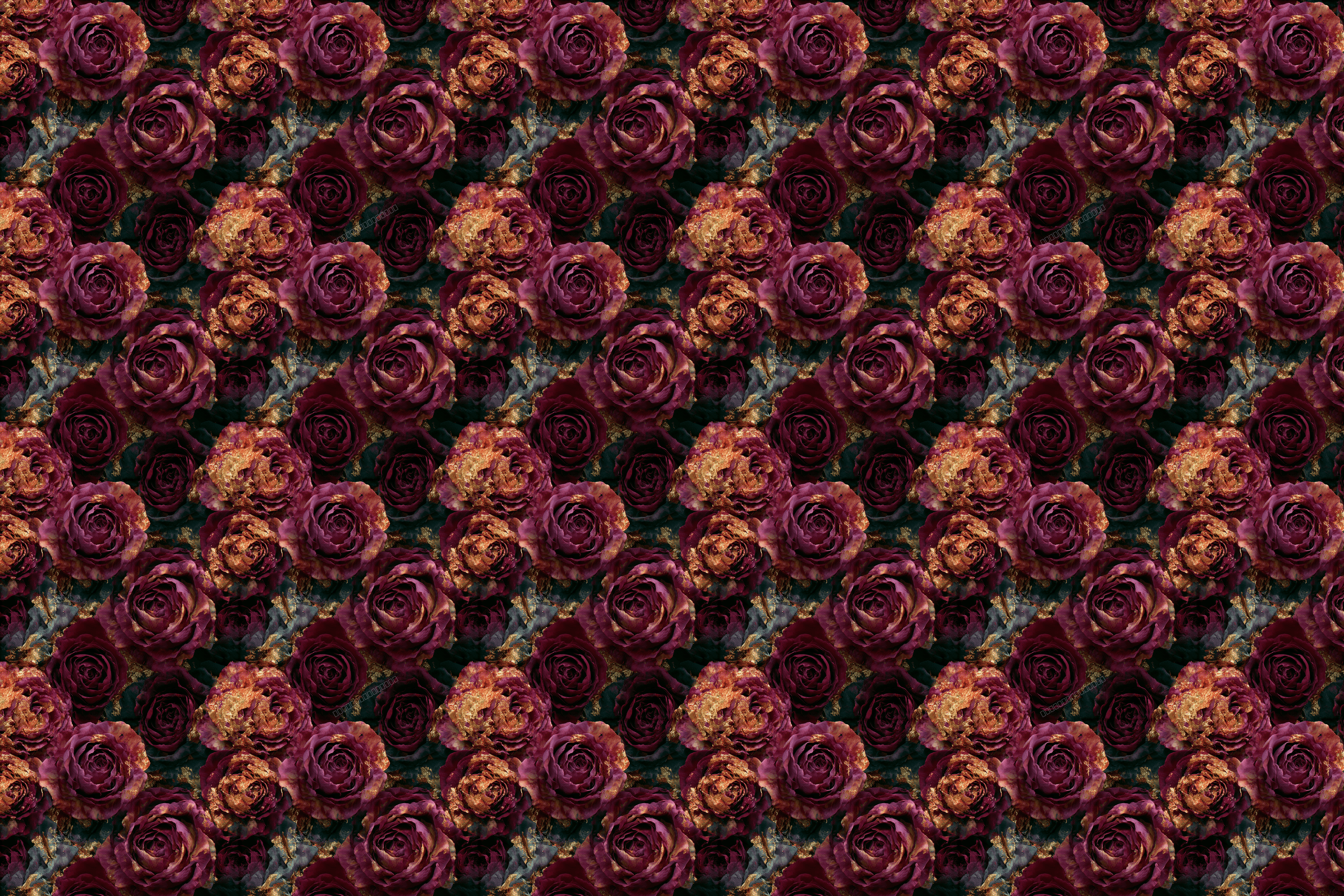 Seamless dark floral pattern with moody burgundy and gold roses in a vintage gothic botanical design.