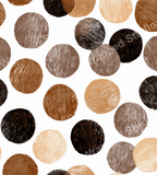 Abstract polka dot pattern with textured brown and tan circles on a white background.