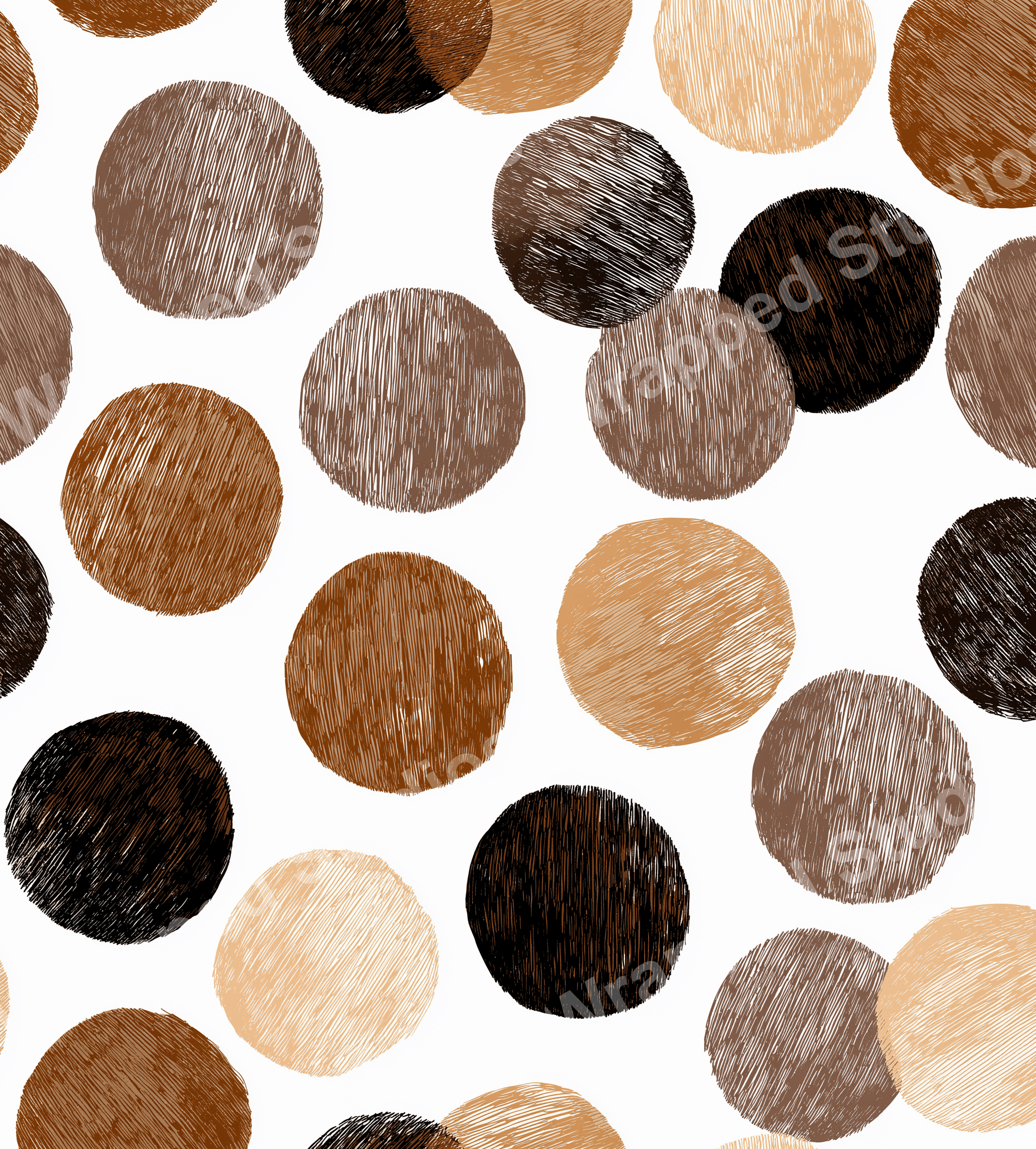 Abstract polka dot pattern with textured brown and tan circles on a white background.
