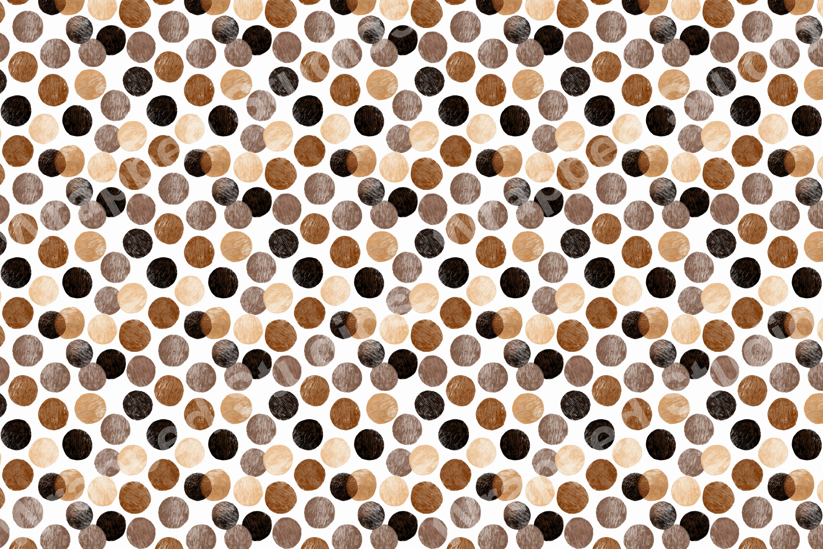 Boho-chic abstract polka dot pattern with hand-drawn textured circles in earthy brown, black, tan, and cream tones.