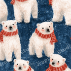 Cute winter polar bear pattern featuring illustrated white bears in red scarves on a snowy navy blue background.