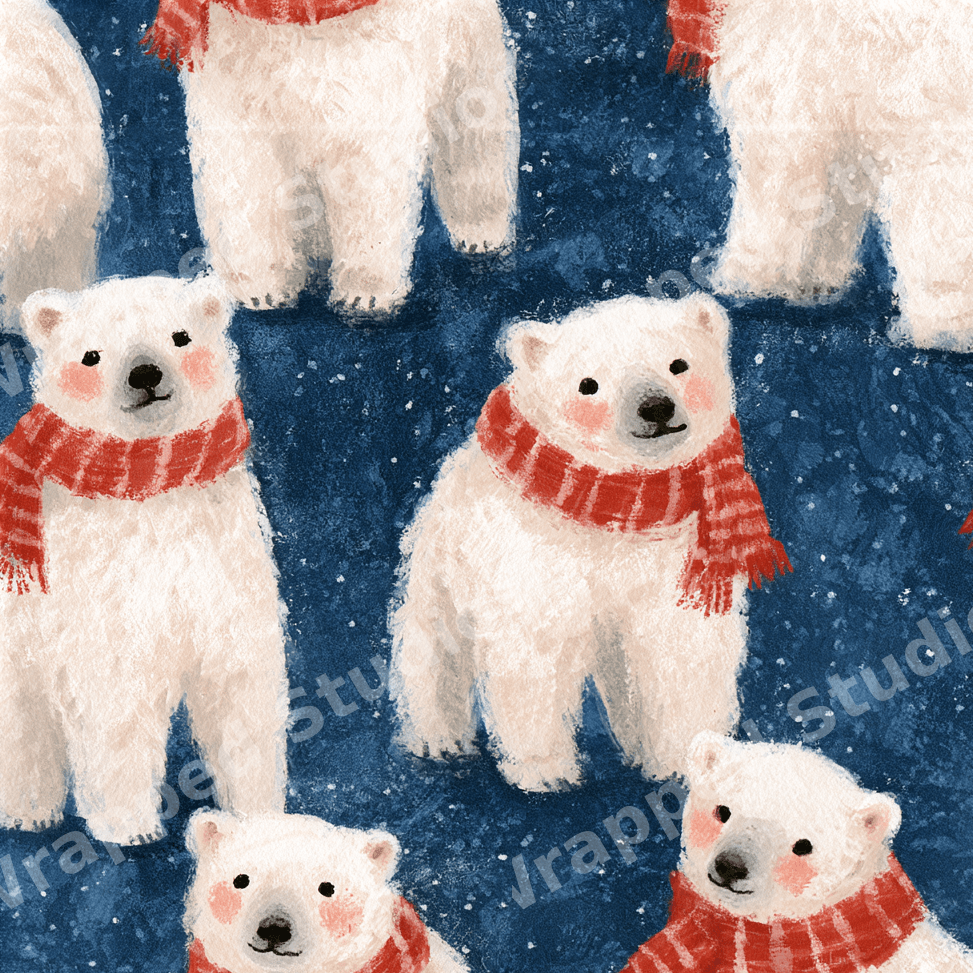 Cute winter polar bear pattern featuring illustrated white bears in red scarves on a snowy navy blue background.