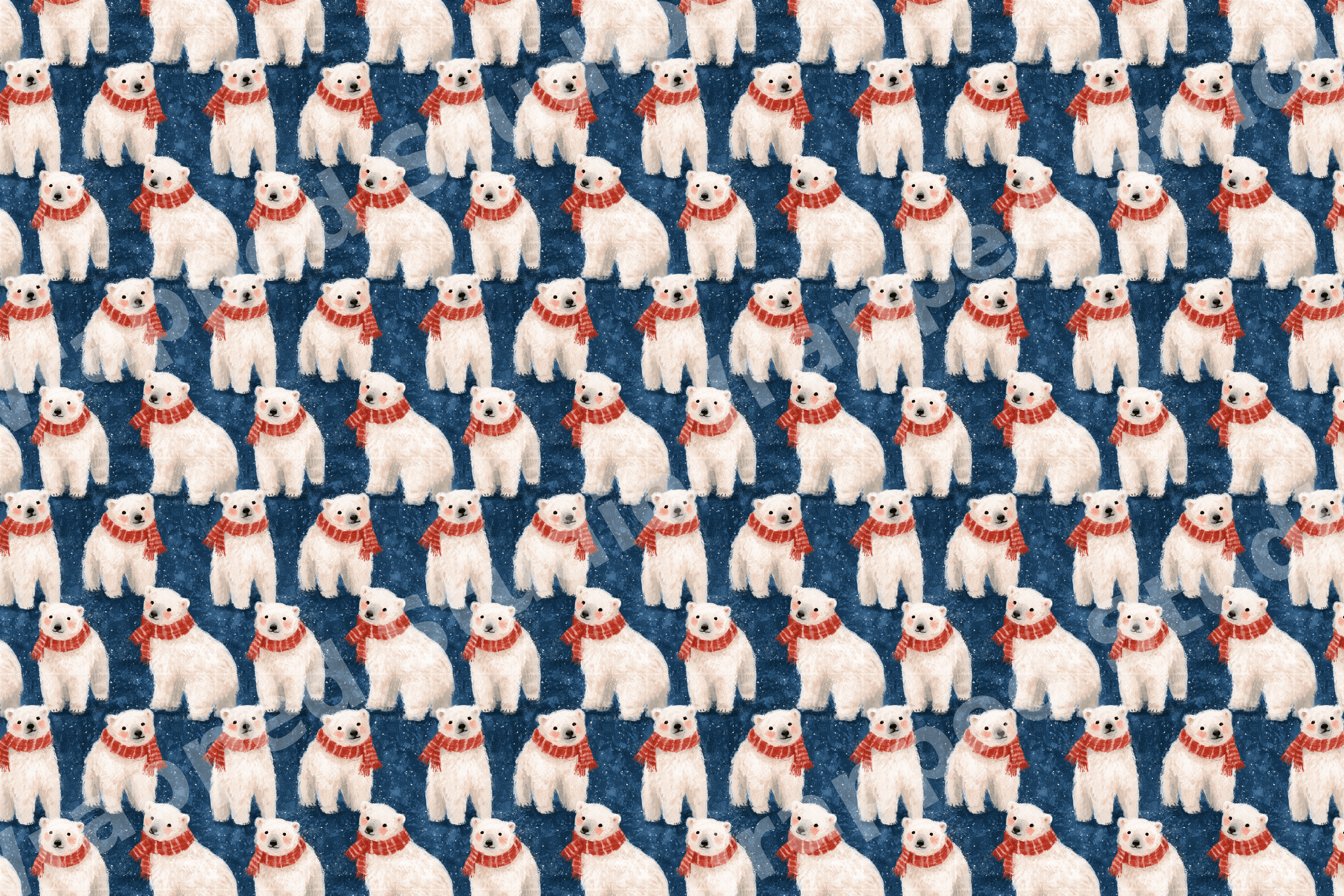 Cute polar bear pattern featuring illustrated white bears in red scarves on a navy blue snowy background.