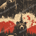 Rustic wildlife pattern featuring bears and forest elements in dark brown, cream, and red hues.